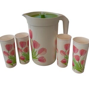 Vintage Tupperware Pink Tulip Pitcher and 4 Tumbler Set Green Lid Retro Floral